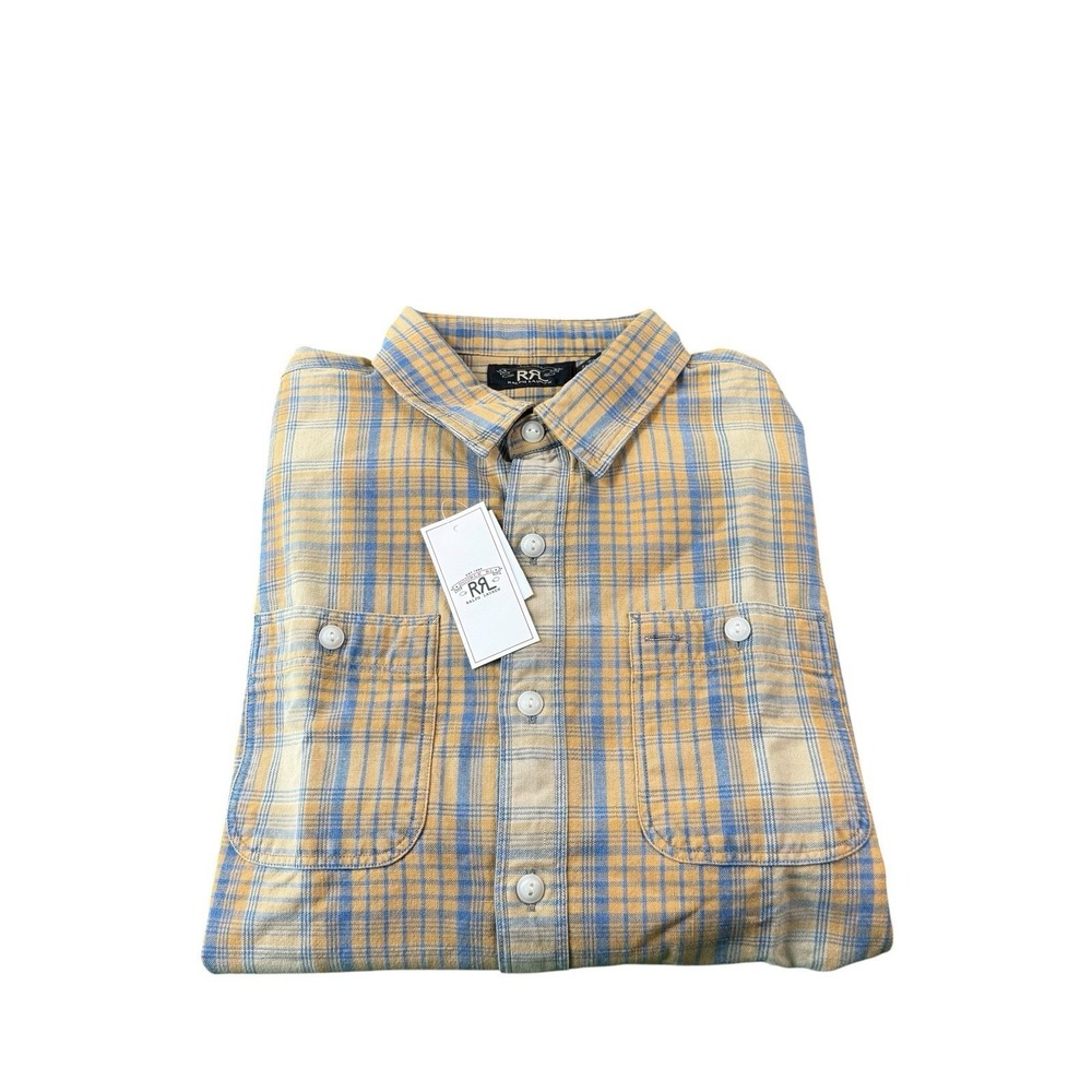 RRL Ralph Lauren Yellow Blue Checked Dual Pocket Utility Button Front Size L NWT